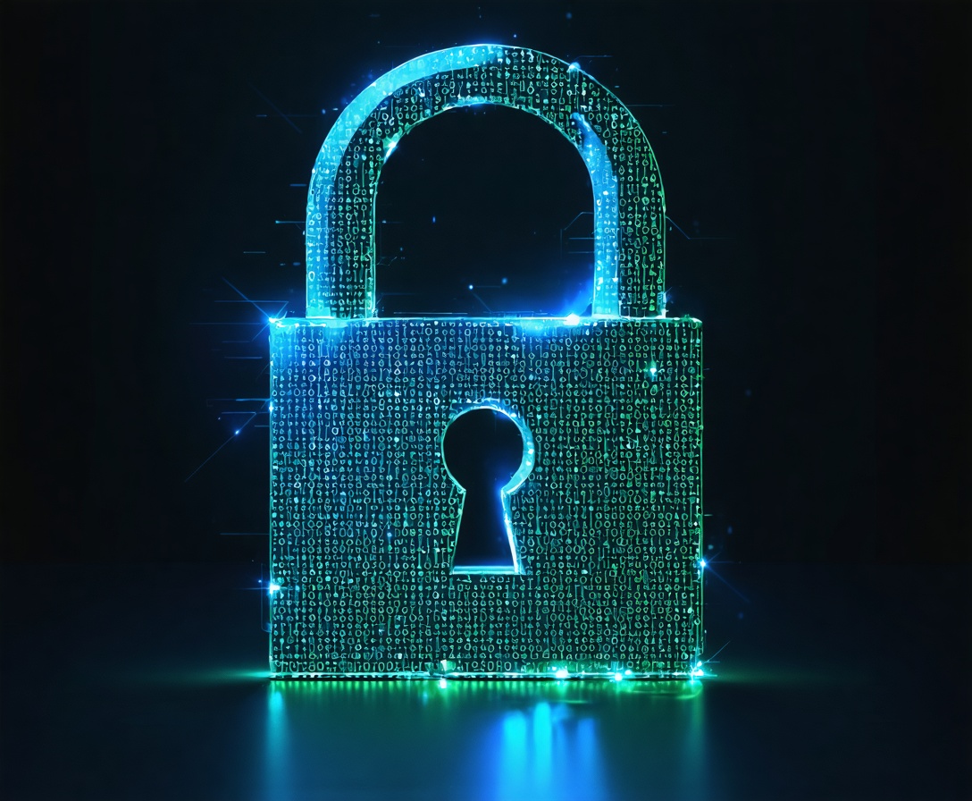 Digital representation of a padlock made of binary code