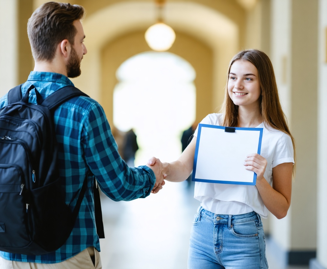 A student holding a certificate and shaking hands with an instructor at IT Learning Camp