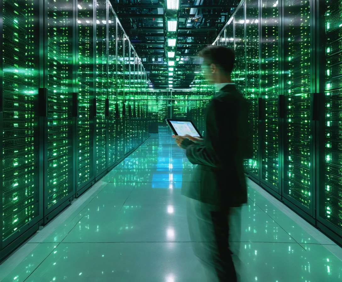 A modern high-tech data center with glowing green LED lights