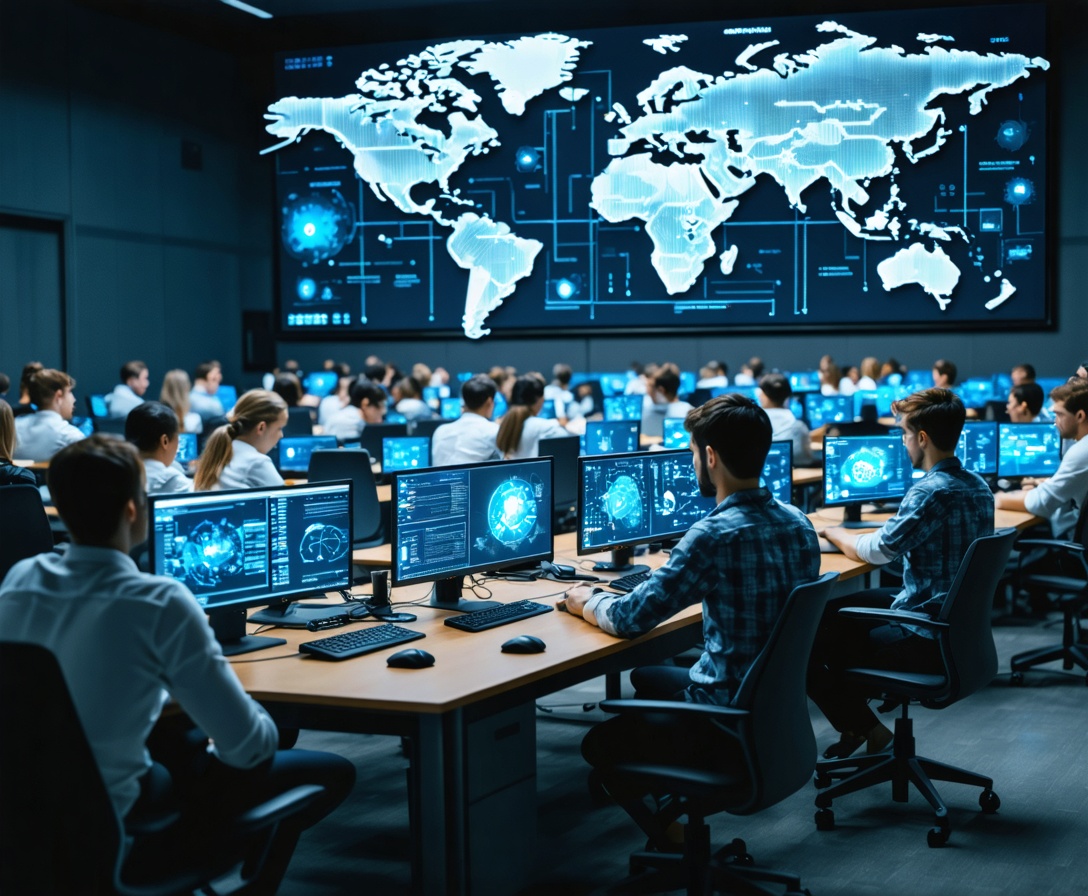 Students working in a modern IT lab environment with dual monitors