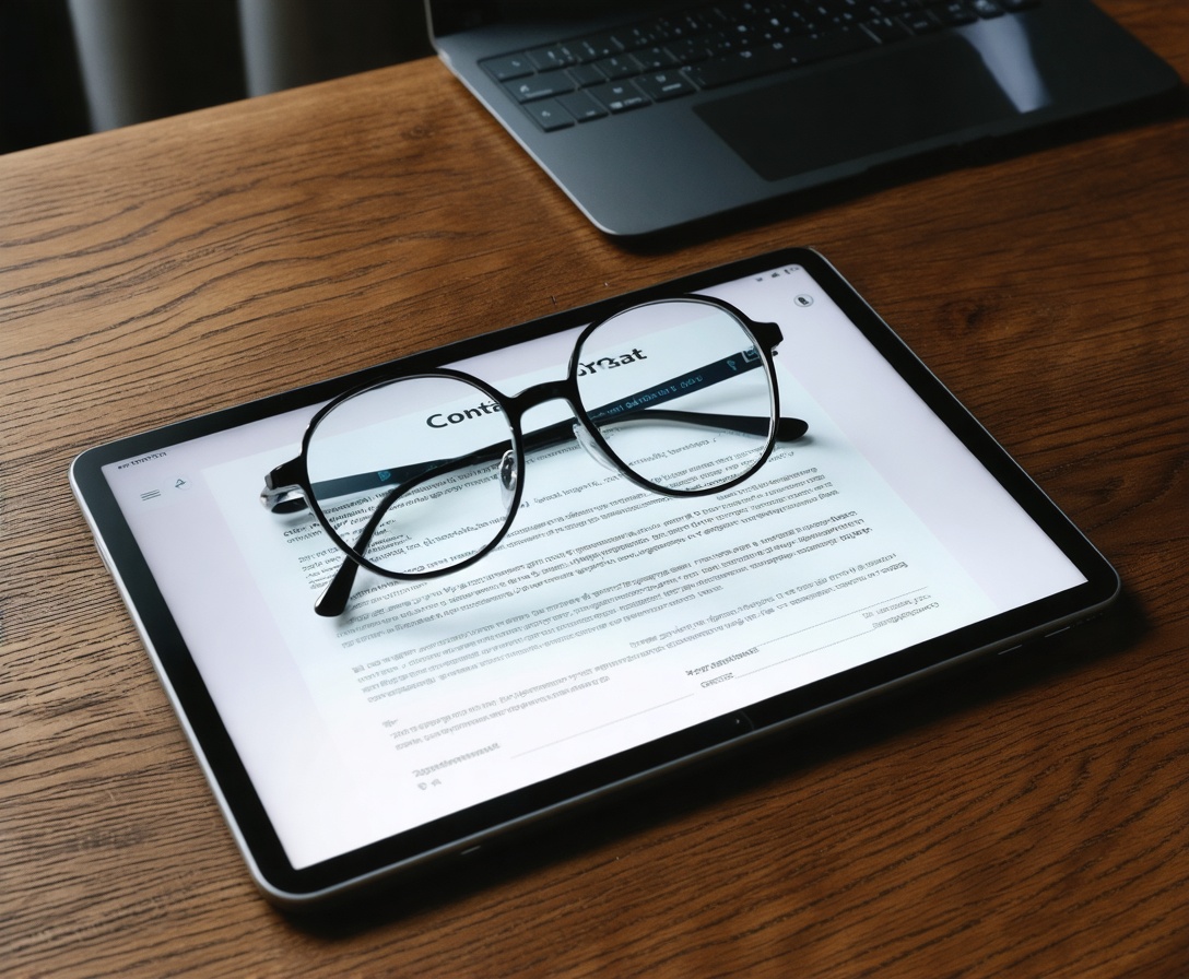 A pair of glasses resting on a tablet showing a digital contract