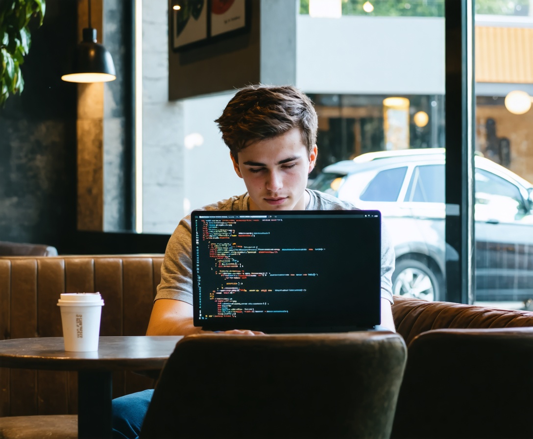 A young adult student focusing on a laptop in a modern coffee shop